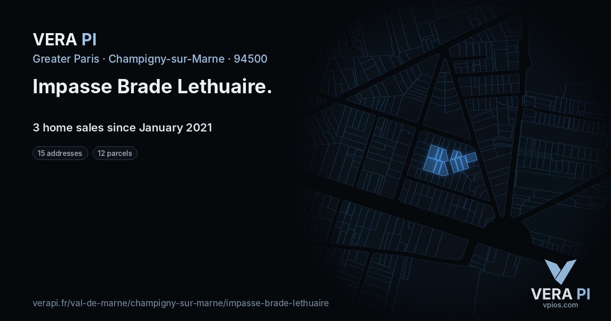 Impasse Brade Lethuaire, Champigny-sur-Marne at night – every parcel coloured by the prices around it, the street's own parcels lit