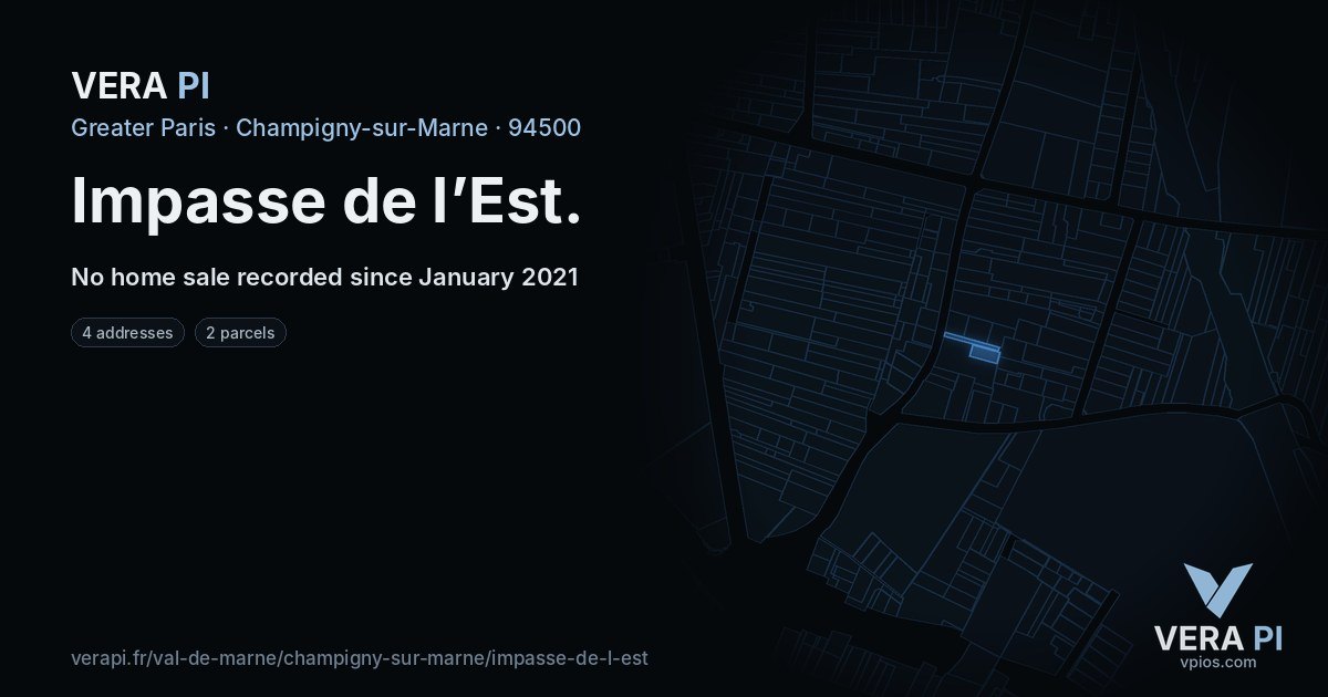 Impasse de l’Est, Champigny-sur-Marne at night – every parcel coloured by the prices around it, the street's own parcels lit
