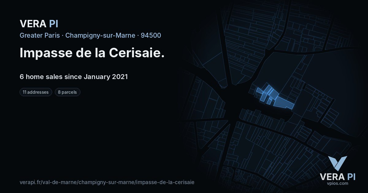 Impasse de la Cerisaie, Champigny-sur-Marne at night – every parcel coloured by the prices around it, the street's own parcels lit