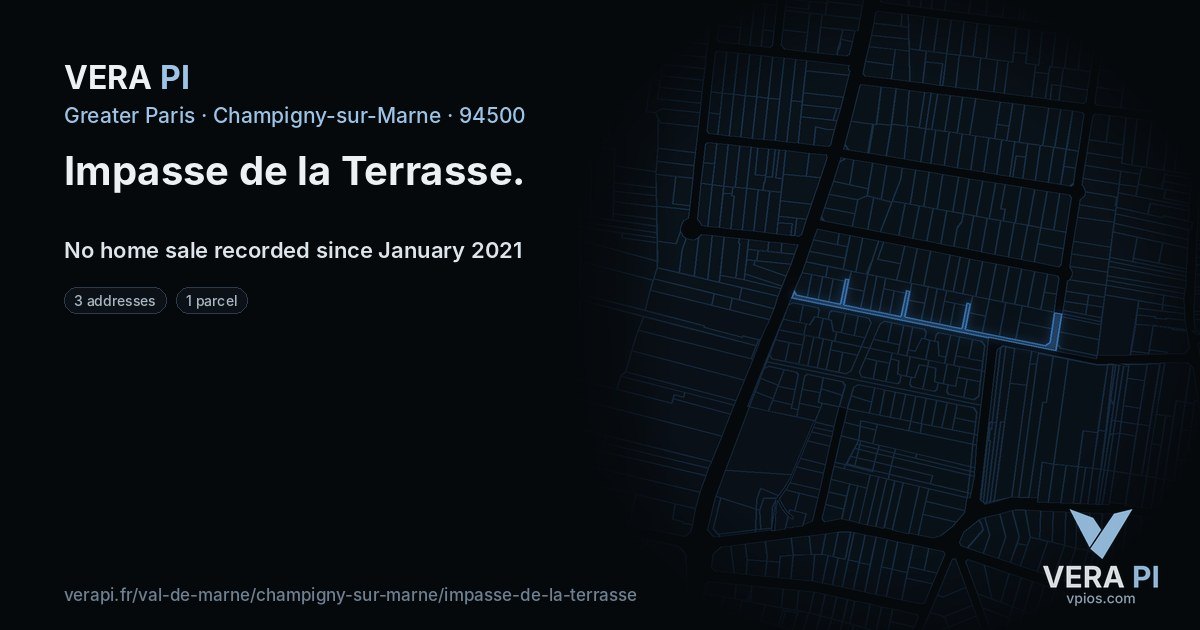 Impasse de la Terrasse, Champigny-sur-Marne at night – every parcel coloured by the prices around it, the street's own parcels lit