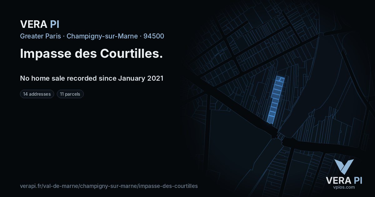 Impasse des Courtilles, Champigny-sur-Marne at night – every parcel coloured by the prices around it, the street's own parcels lit
