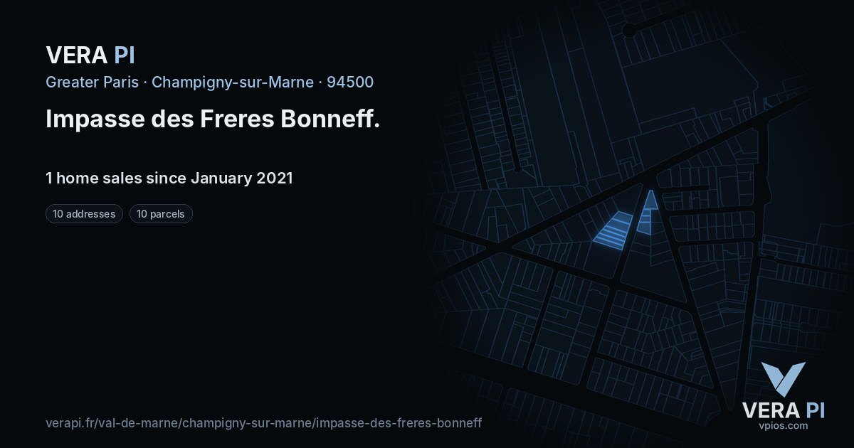 Impasse des Freres Bonneff, Champigny-sur-Marne at night – every parcel coloured by the prices around it, the street's own parcels lit