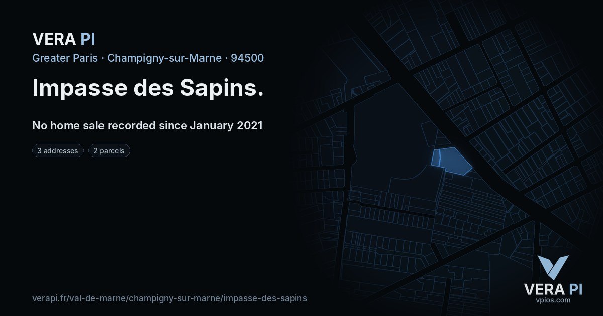 Impasse des Sapins, Champigny-sur-Marne at night – every parcel coloured by the prices around it, the street's own parcels lit