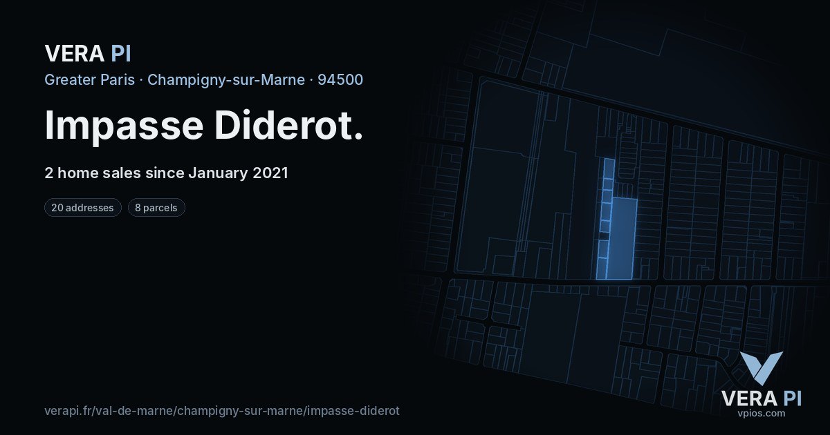 Impasse Diderot, Champigny-sur-Marne at night – every parcel coloured by the prices around it, the street's own parcels lit