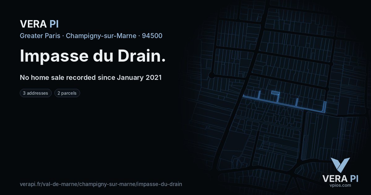 Impasse du Drain, Champigny-sur-Marne at night – every parcel coloured by the prices around it, the street's own parcels lit