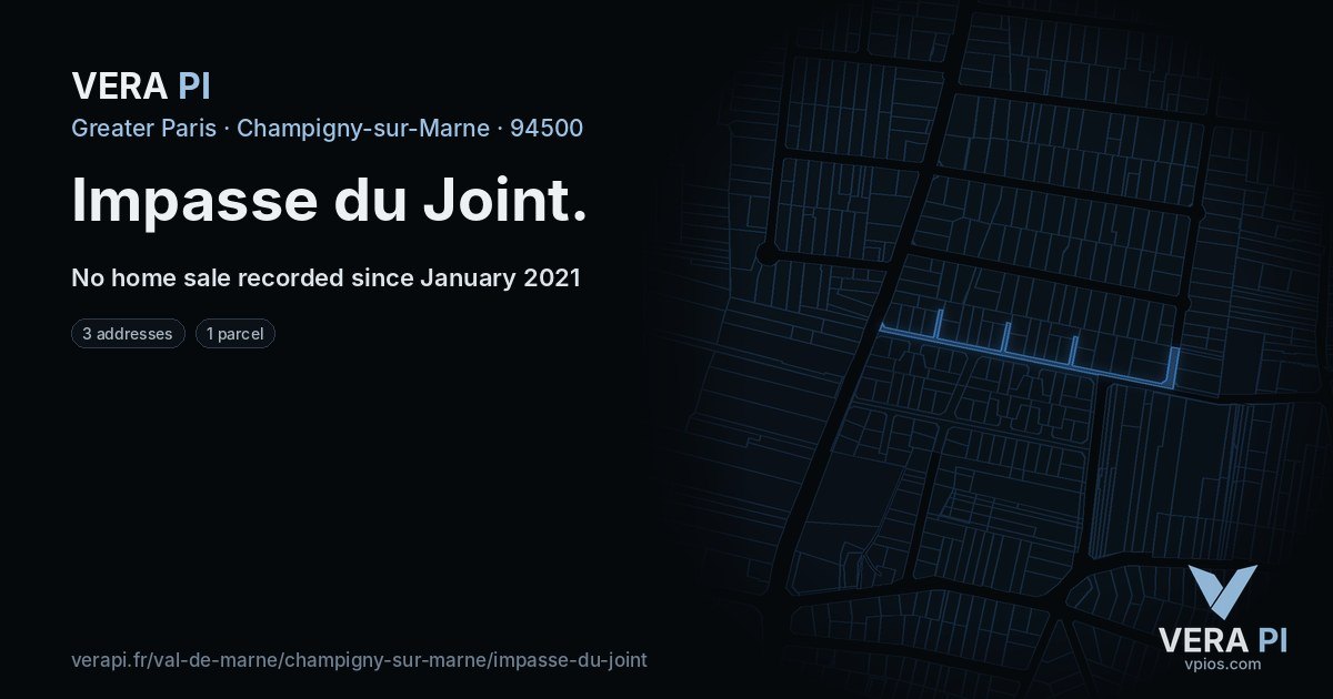 Impasse du Joint, Champigny-sur-Marne at night – every parcel coloured by the prices around it, the street's own parcels lit