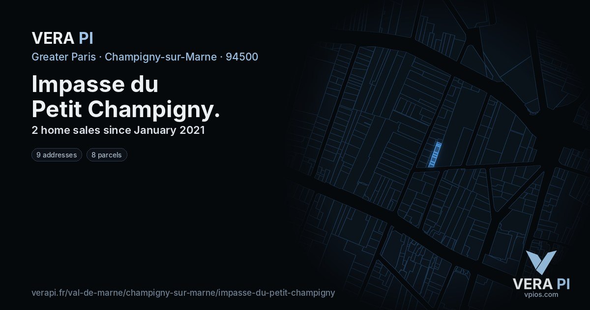 Impasse du Petit Champigny, Champigny-sur-Marne at night – every parcel coloured by the prices around it, the street's own parcels lit