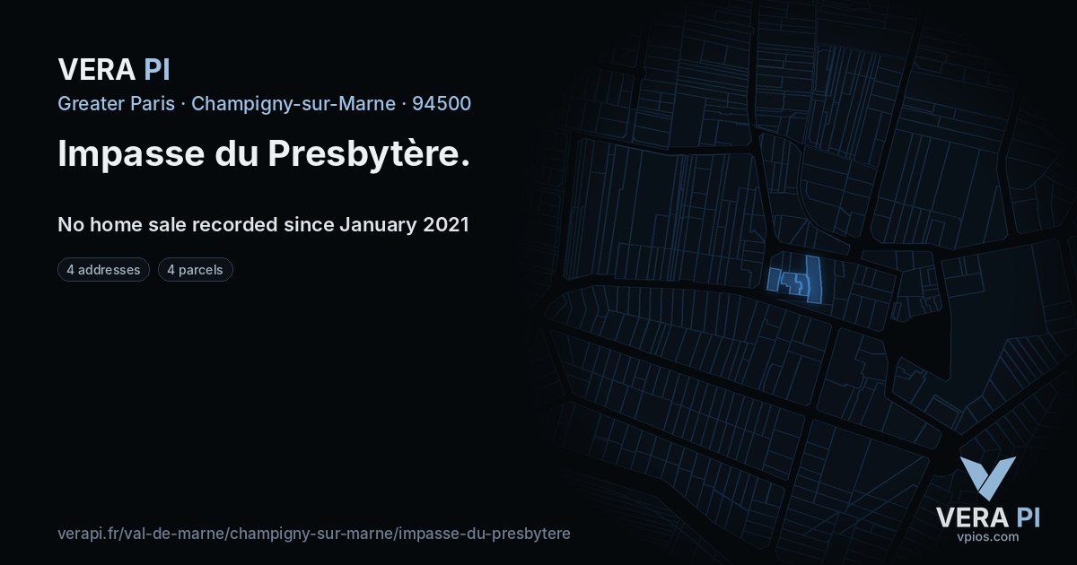 Impasse du Presbytère, Champigny-sur-Marne at night – every parcel coloured by the prices around it, the street's own parcels lit
