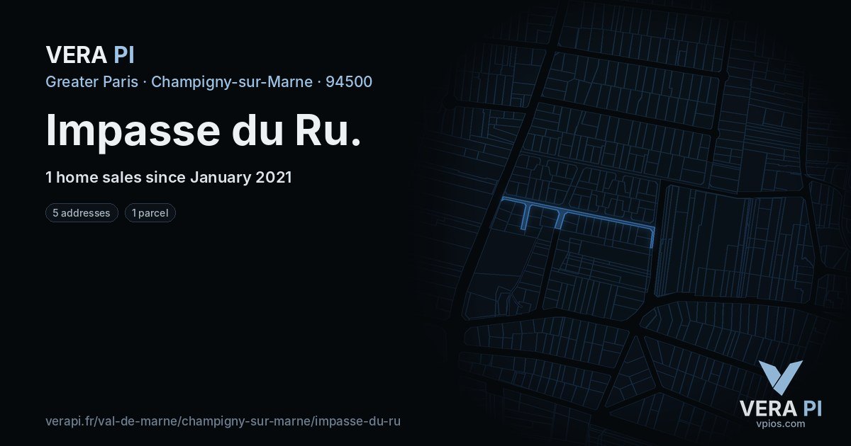 Impasse du Ru, Champigny-sur-Marne at night – every parcel coloured by the prices around it, the street's own parcels lit