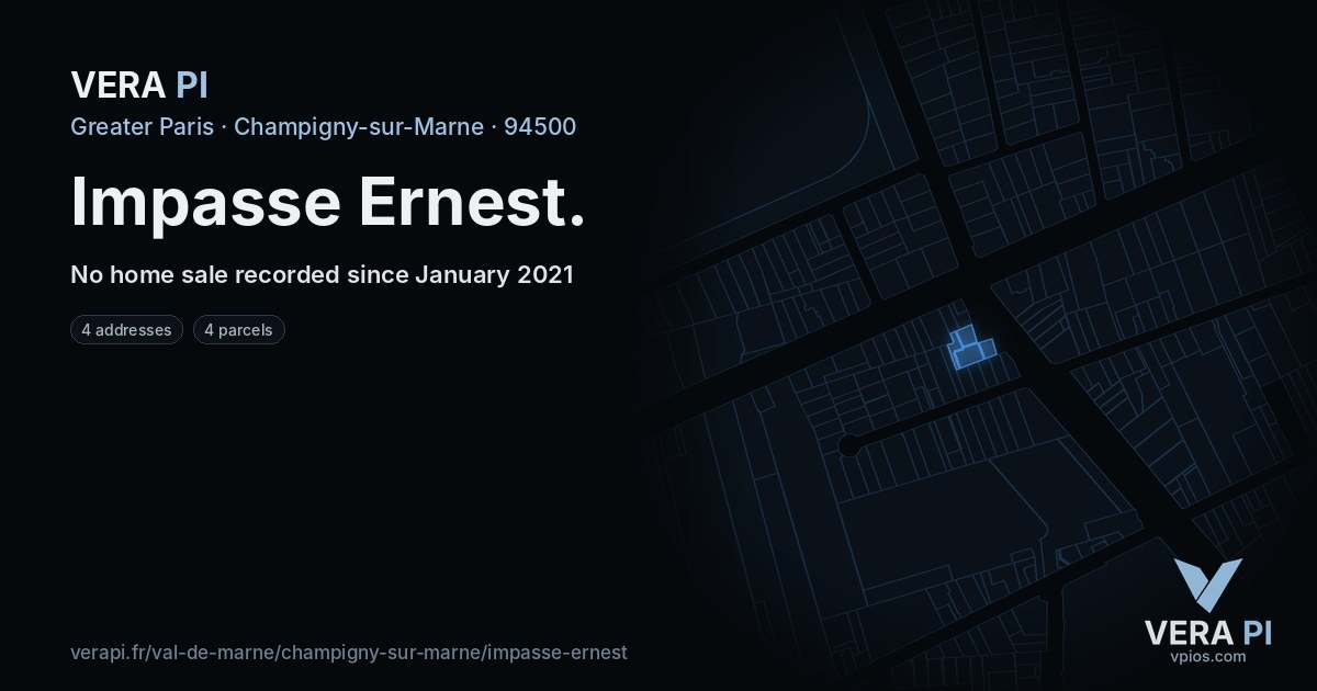 Impasse Ernest, Champigny-sur-Marne at night – every parcel coloured by the prices around it, the street's own parcels lit