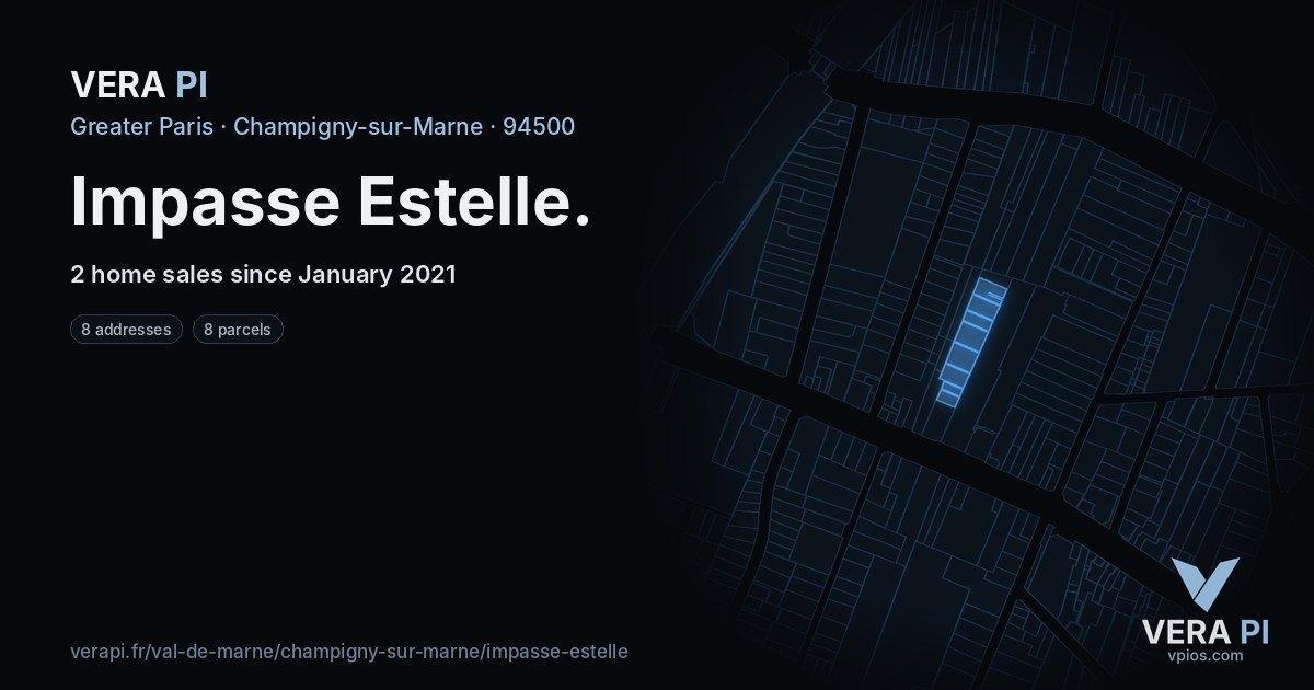 Impasse Estelle, Champigny-sur-Marne at night – every parcel coloured by the prices around it, the street's own parcels lit
