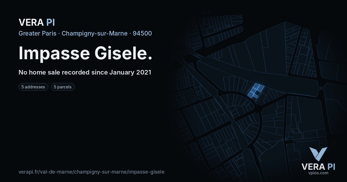 Impasse Gisele, Champigny-sur-Marne at night – every parcel coloured by the prices around it, the street's own parcels lit