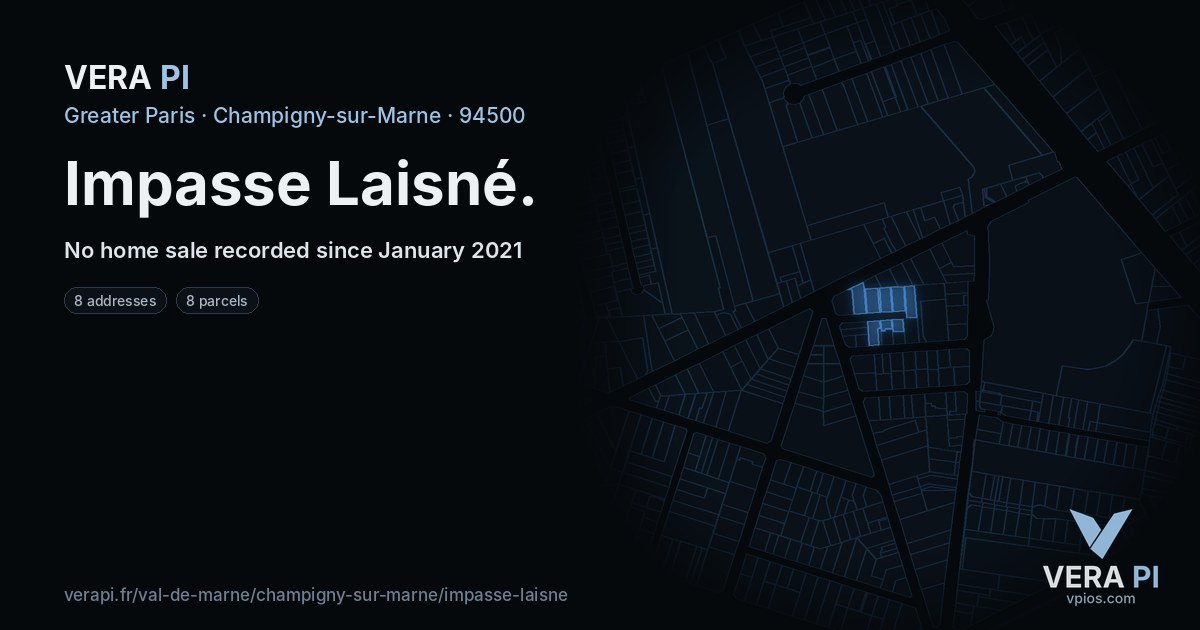 Impasse Laisné, Champigny-sur-Marne at night – every parcel coloured by the prices around it, the street's own parcels lit