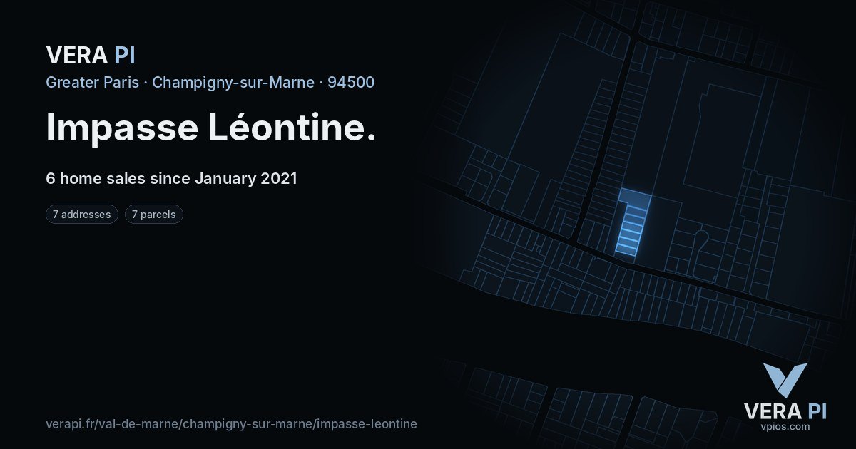Impasse Léontine, Champigny-sur-Marne at night – every parcel coloured by the prices around it, the street's own parcels lit