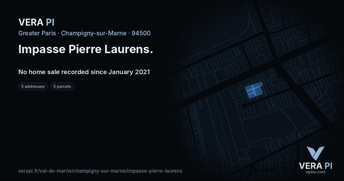 Impasse Pierre Laurens, Champigny-sur-Marne at night – every parcel coloured by the prices around it, the street's own parcels lit