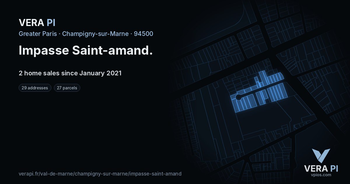 Impasse Saint-amand, Champigny-sur-Marne at night – every parcel coloured by the prices around it, the street's own parcels lit