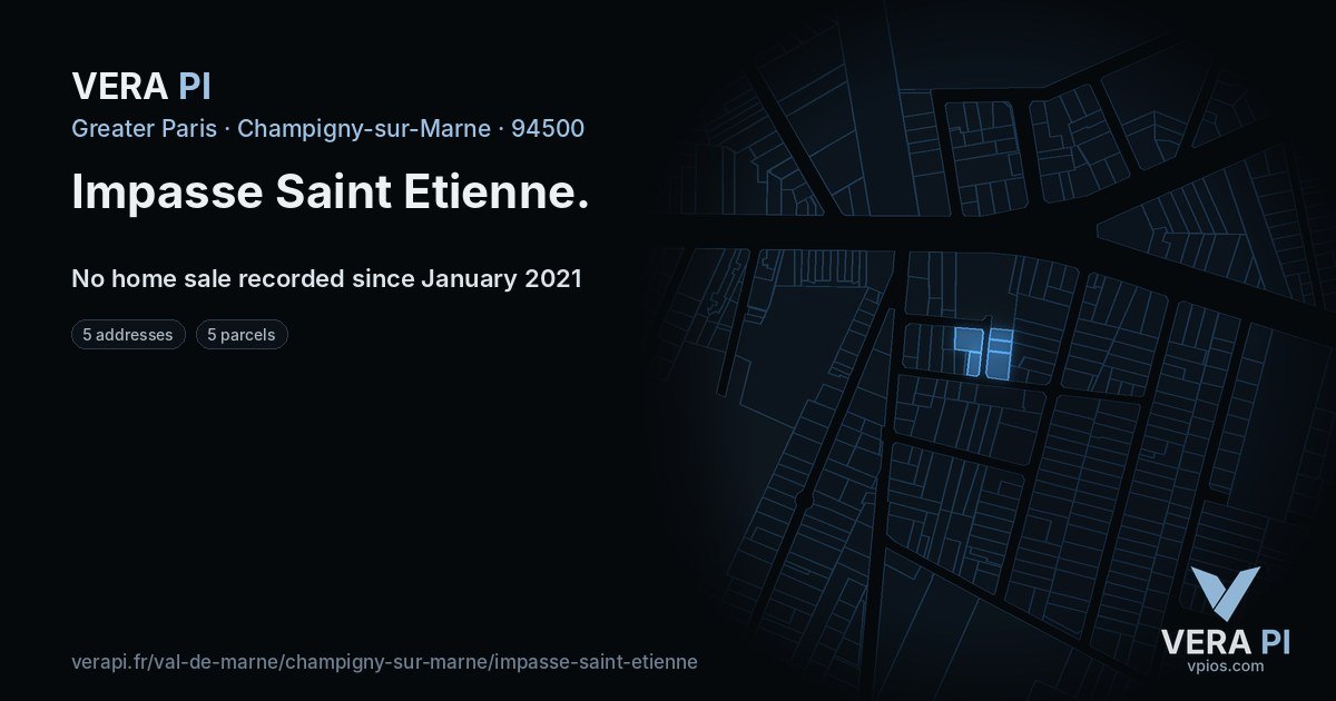 Impasse Saint Etienne, Champigny-sur-Marne at night – every parcel coloured by the prices around it, the street's own parcels lit