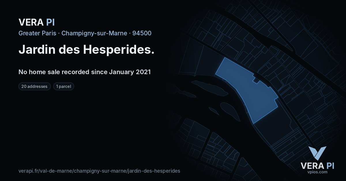 Jardin des Hesperides, Champigny-sur-Marne at night – every parcel coloured by the prices around it, the street's own parcels lit