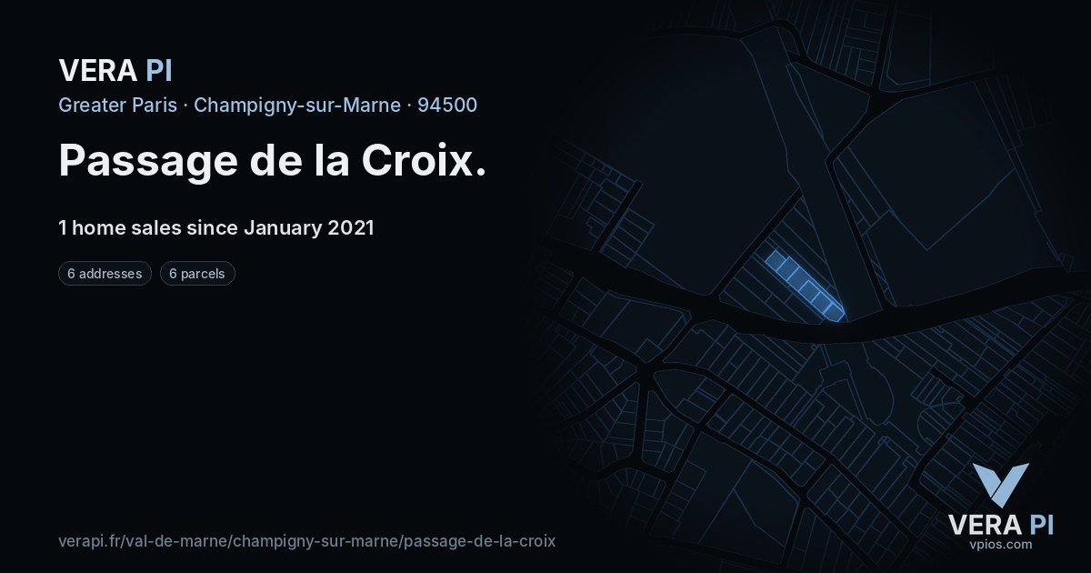 Passage de la Croix, Champigny-sur-Marne at night – every parcel coloured by the prices around it, the street's own parcels lit