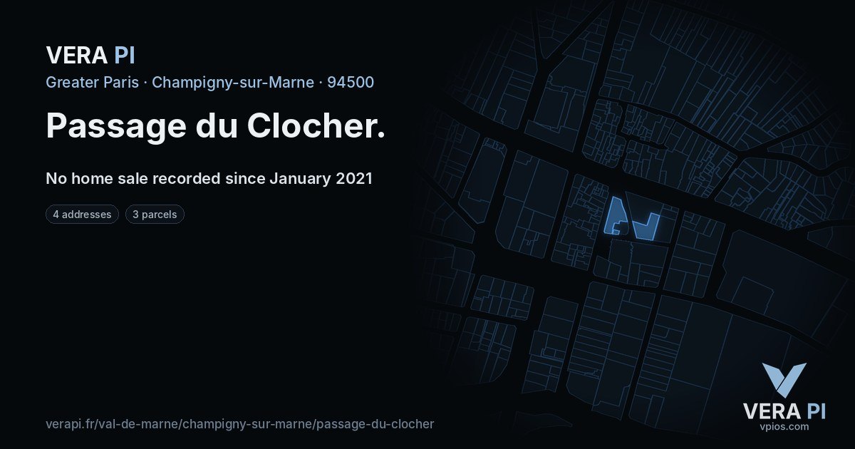 Passage du Clocher, Champigny-sur-Marne at night – every parcel coloured by the prices around it, the street's own parcels lit