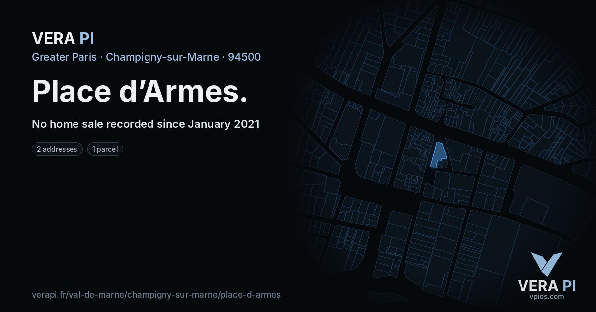Place d’Armes, Champigny-sur-Marne at night – every parcel coloured by the prices around it, the street's own parcels lit