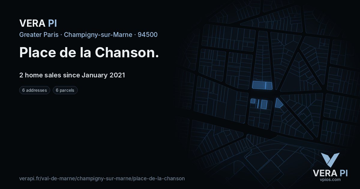 Place de la Chanson, Champigny-sur-Marne at night – every parcel coloured by the prices around it, the street's own parcels lit