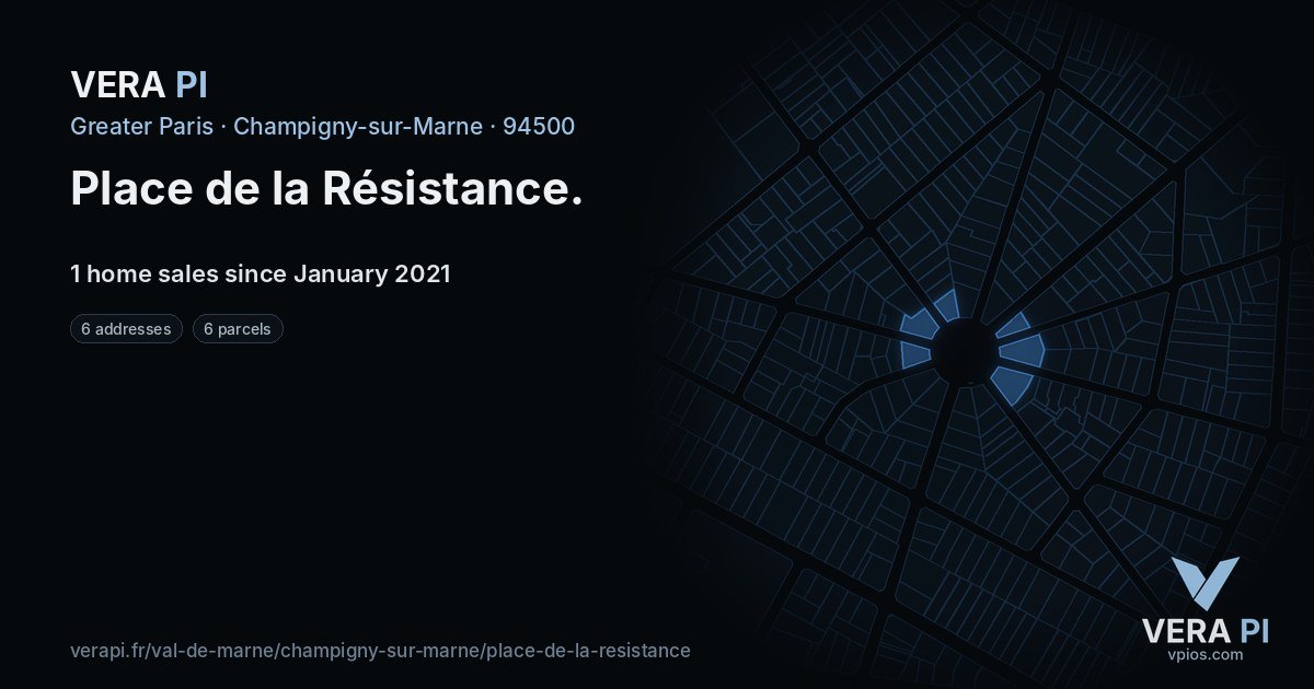 Place de la Résistance, Champigny-sur-Marne at night – every parcel coloured by the prices around it, the street's own parcels lit