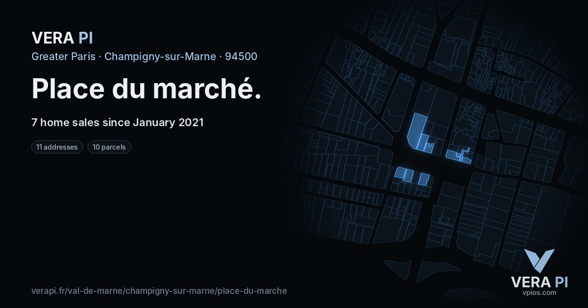 Place du marché, Champigny-sur-Marne at night – every parcel coloured by the prices around it, the street's own parcels lit