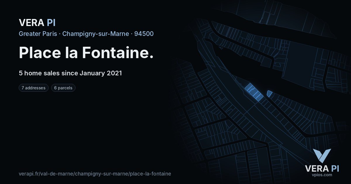 Place la Fontaine, Champigny-sur-Marne at night – every parcel coloured by the prices around it, the street's own parcels lit