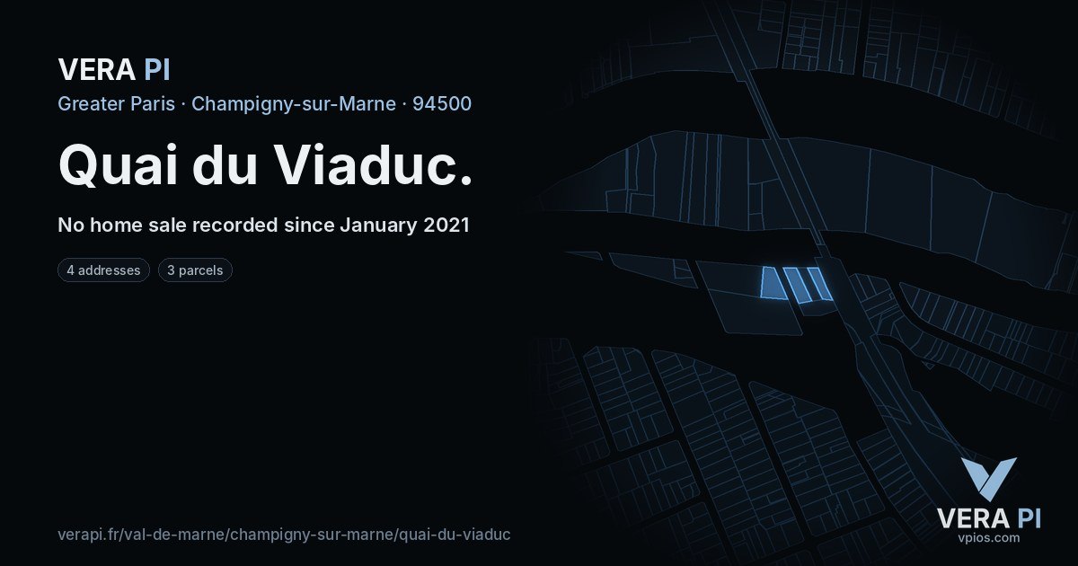 Quai du Viaduc, Champigny-sur-Marne at night – every parcel coloured by the prices around it, the street's own parcels lit