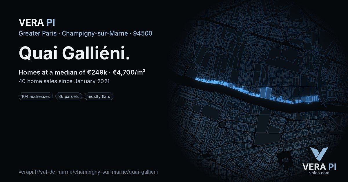 Quai Galliéni, Champigny-sur-Marne at night – every parcel coloured by the prices around it, the street's own parcels lit