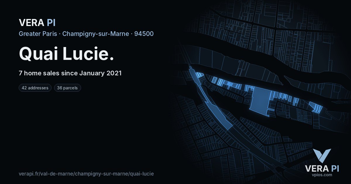Quai Lucie, Champigny-sur-Marne at night – every parcel coloured by the prices around it, the street's own parcels lit