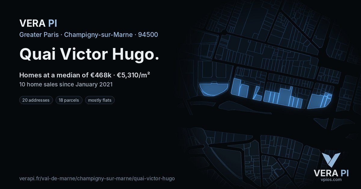 Quai Victor Hugo, Champigny-sur-Marne at night – every parcel coloured by the prices around it, the street's own parcels lit