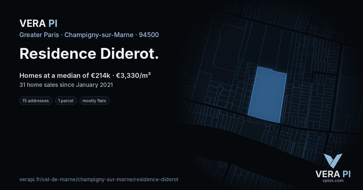 Residence Diderot, Champigny-sur-Marne at night – every parcel coloured by the prices around it, the street's own parcels lit