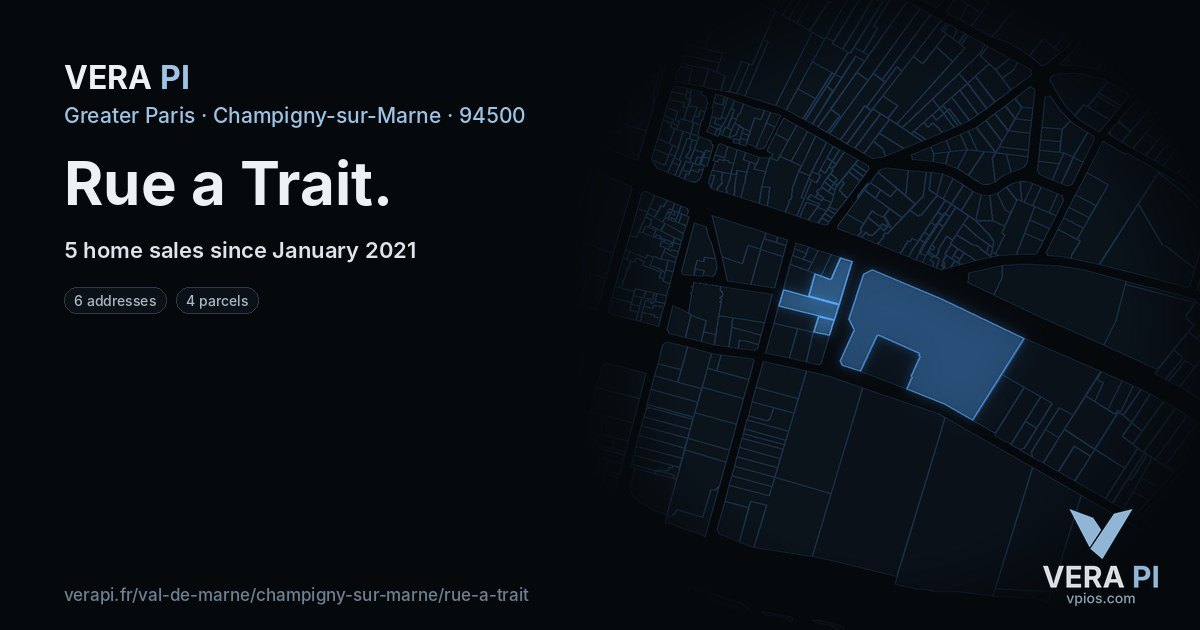 Rue a Trait, Champigny-sur-Marne at night – every parcel coloured by the prices around it, the street's own parcels lit