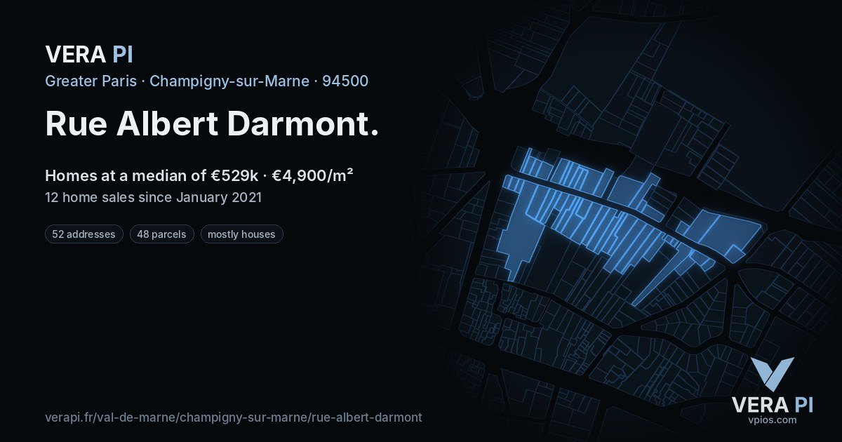 Rue Albert Darmont, Champigny-sur-Marne at night – every parcel coloured by the prices around it, the street's own parcels lit