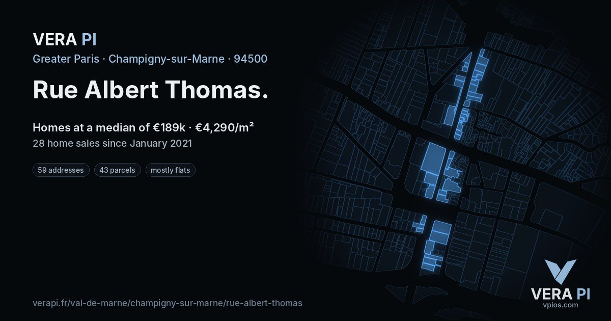Rue Albert Thomas, Champigny-sur-Marne at night – every parcel coloured by the prices around it, the street's own parcels lit