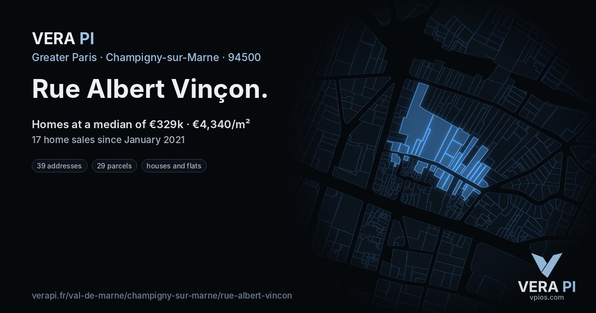 Rue Albert Vinçon, Champigny-sur-Marne at night – every parcel coloured by the prices around it, the street's own parcels lit