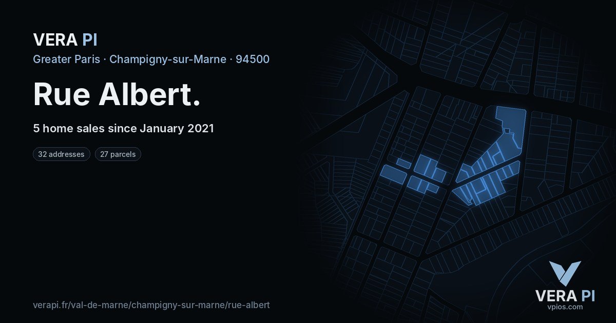 Rue Albert, Champigny-sur-Marne at night – every parcel coloured by the prices around it, the street's own parcels lit