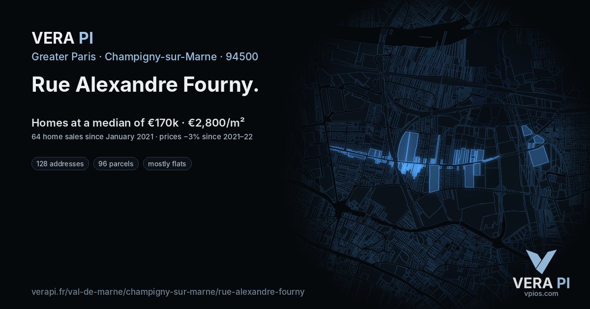 Rue Alexandre Fourny, Champigny-sur-Marne at night – every parcel coloured by the prices around it, the street's own parcels lit