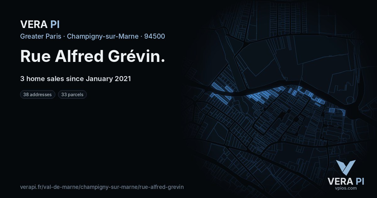 Rue Alfred Grévin, Champigny-sur-Marne at night – every parcel coloured by the prices around it, the street's own parcels lit