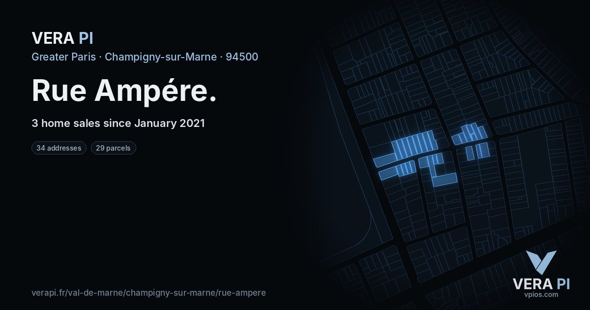 Rue Ampére, Champigny-sur-Marne at night – every parcel coloured by the prices around it, the street's own parcels lit