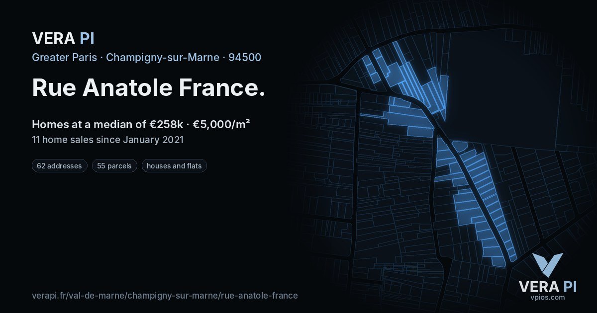 Rue Anatole France, Champigny-sur-Marne at night – every parcel coloured by the prices around it, the street's own parcels lit