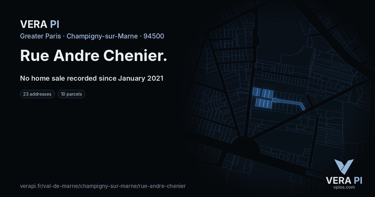 Rue Andre Chenier, Champigny-sur-Marne at night – every parcel coloured by the prices around it, the street's own parcels lit