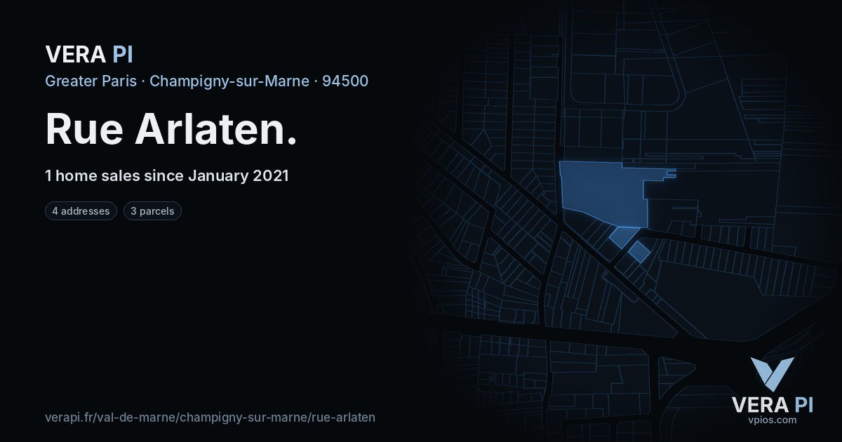Rue Arlaten, Champigny-sur-Marne at night – every parcel coloured by the prices around it, the street's own parcels lit