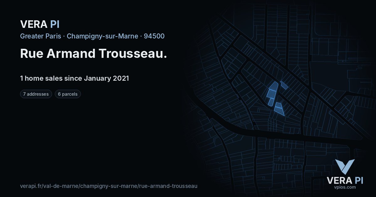 Rue Armand Trousseau, Champigny-sur-Marne at night – every parcel coloured by the prices around it, the street's own parcels lit