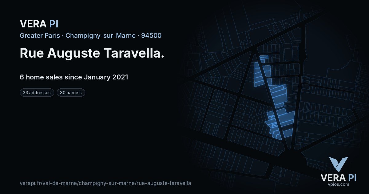 Rue Auguste Taravella, Champigny-sur-Marne at night – every parcel coloured by the prices around it, the street's own parcels lit