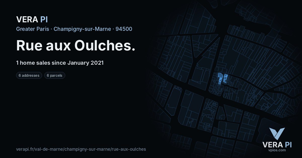Rue aux Oulches, Champigny-sur-Marne at night – every parcel coloured by the prices around it, the street's own parcels lit