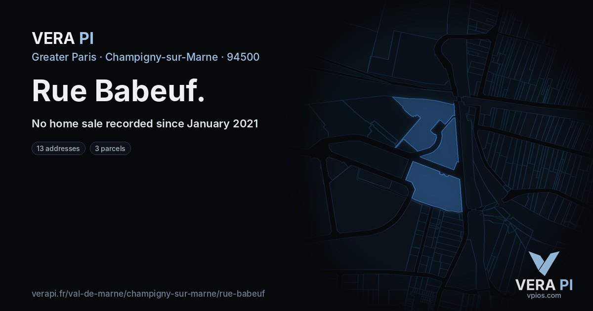 Rue Babeuf, Champigny-sur-Marne at night – every parcel coloured by the prices around it, the street's own parcels lit