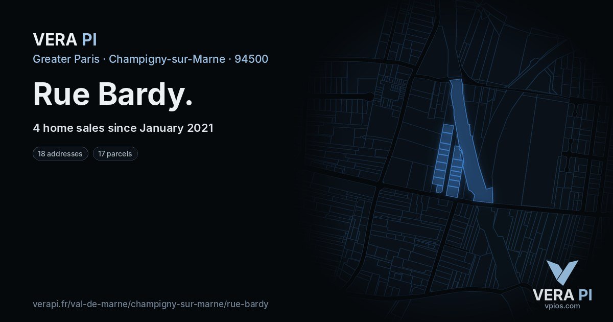 Rue Bardy, Champigny-sur-Marne at night – every parcel coloured by the prices around it, the street's own parcels lit